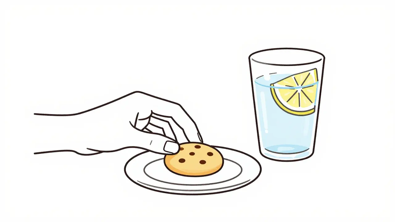 Ruka drží malý kousek cookies a sklenici vody s citronem.