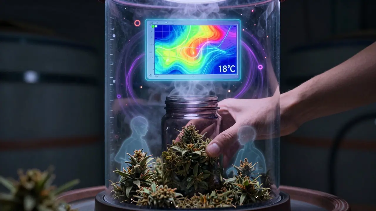 Ruka ukládá skleněnou nádobu s konopím do sklepa, zatímco teplota zůstává stabilní na 18 °C.