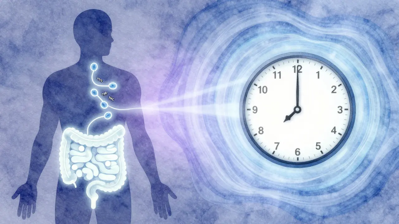 Stylizovaný obrázek těla s postupným šířením účinků CBD po těle během několika hodin.