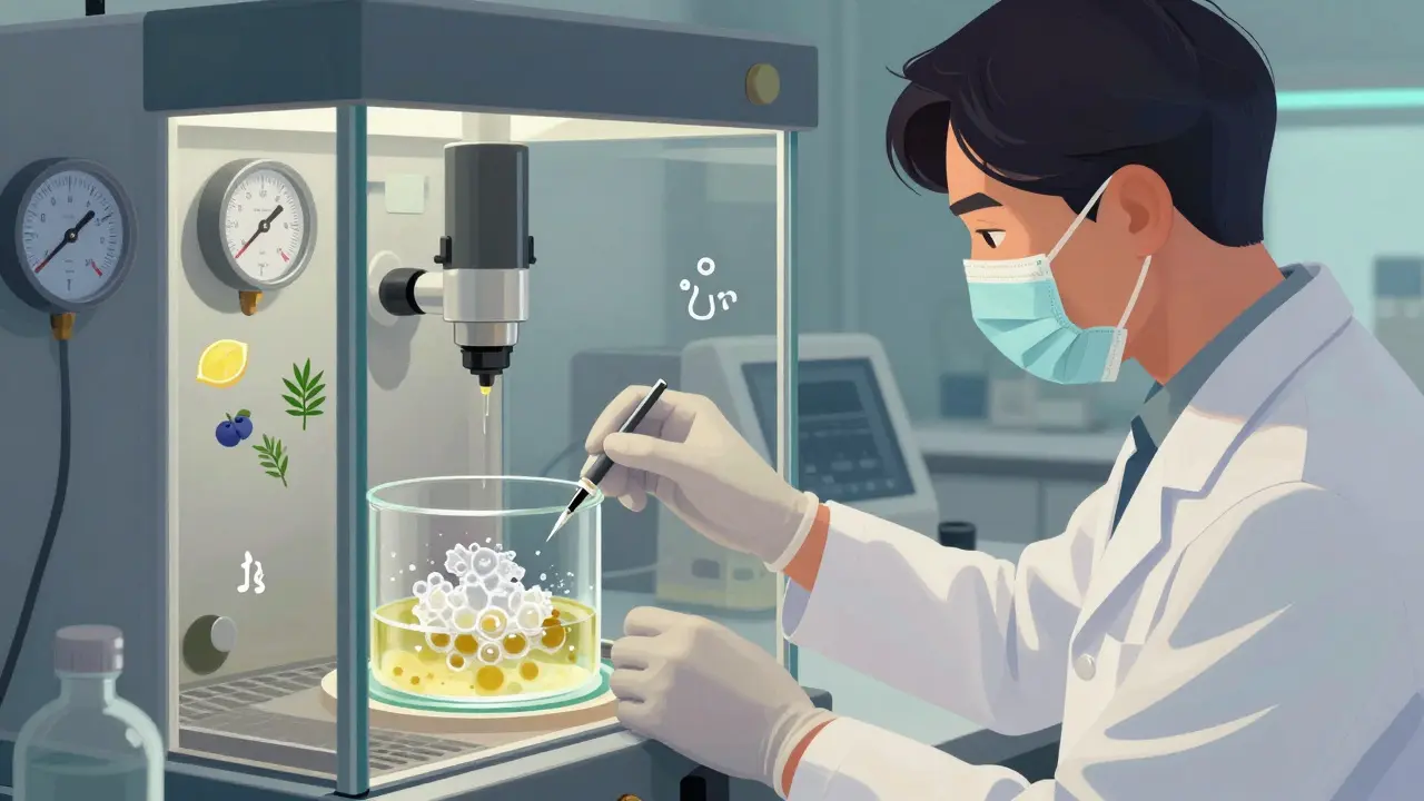 Technik v laboratoři chladí CBD koncentrát při přesné teplotě, molekulární struktura se tvoří jako krystaly.