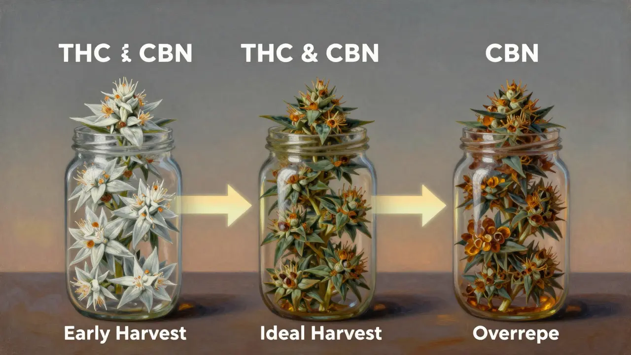 Three jars showing trichome color changes from clear to amber, symbolizing harvest timing stages.