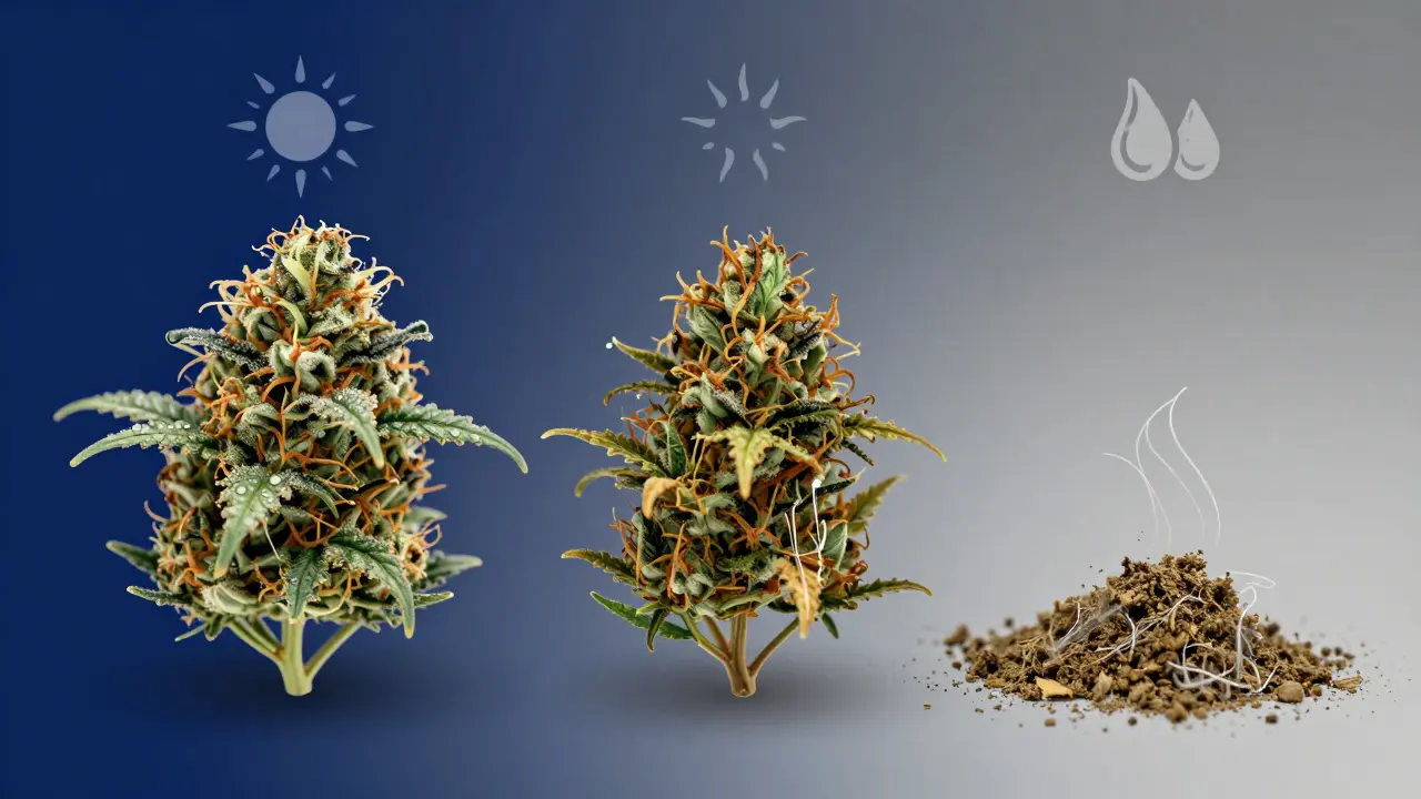 Tři fáze rozkladu konopí: čerstvé, vysušené a plísnivé, s tóny od zelené k šedé.