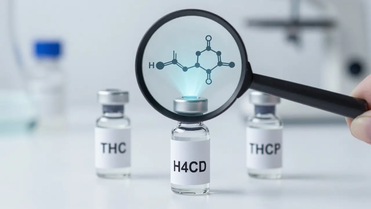 Tři láhve s kanabinoidy THC, H4CBD a THCP ve srovnání jejich molekulárních struktur.