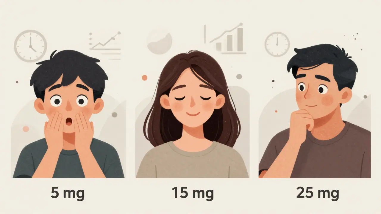 Tři lidé reprezentující různé úrovně zkušeností s HHC s odpovídajícími dávkami.