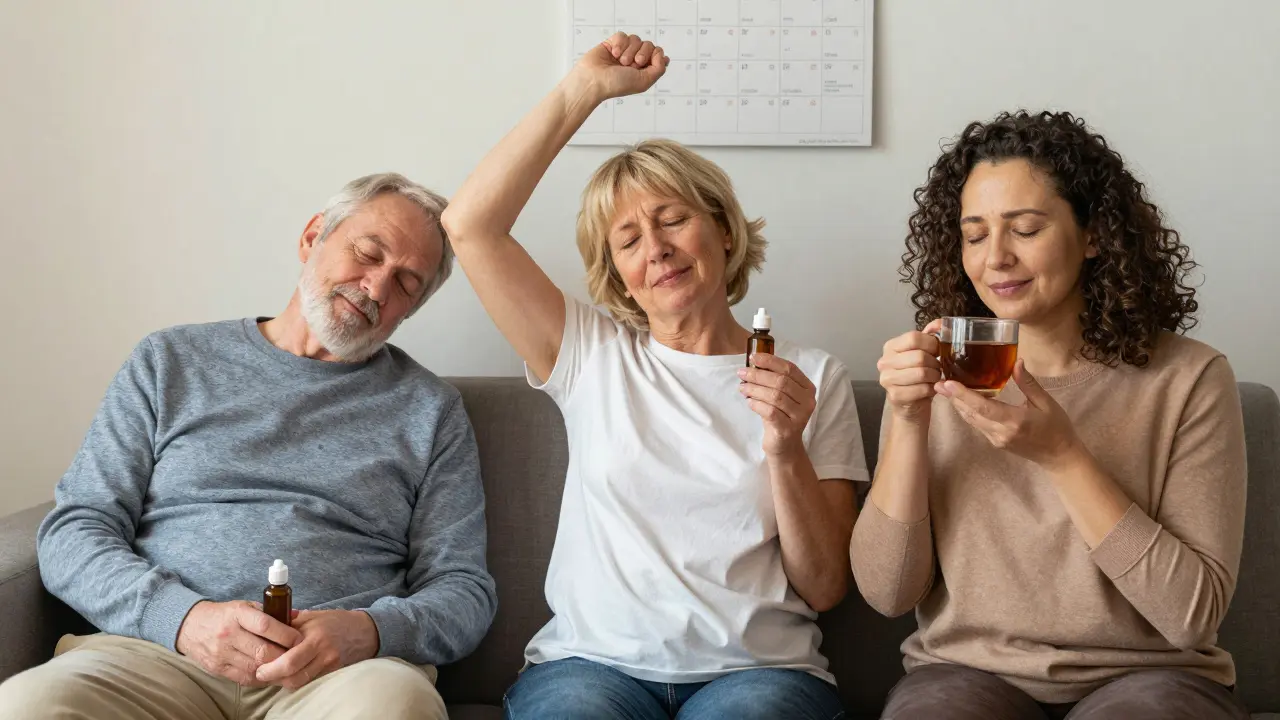 Tři lidé v Česku s láhevky CBD, každý s jiným příznakem dlouhodobého užívání — spánek, mírná bolest, klid.