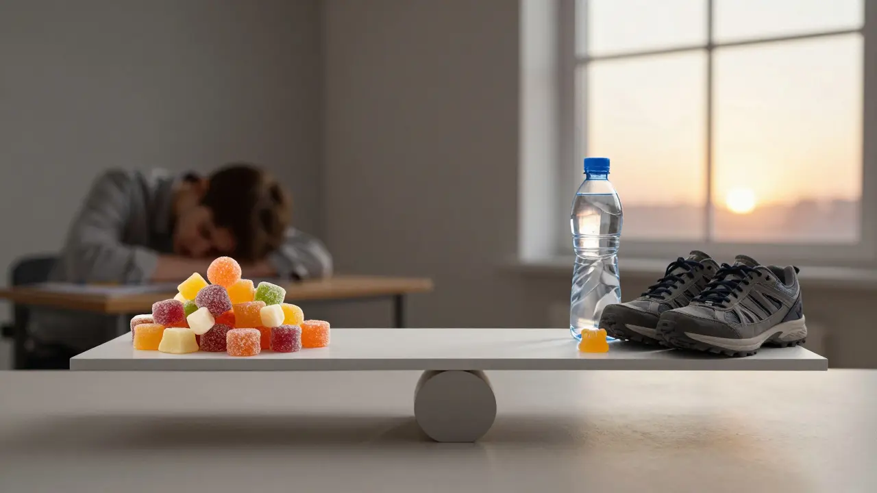 Váha v rovnováze: sladkosti vs. gumička THCV, boty a slunce – symbol změny životního stylu.