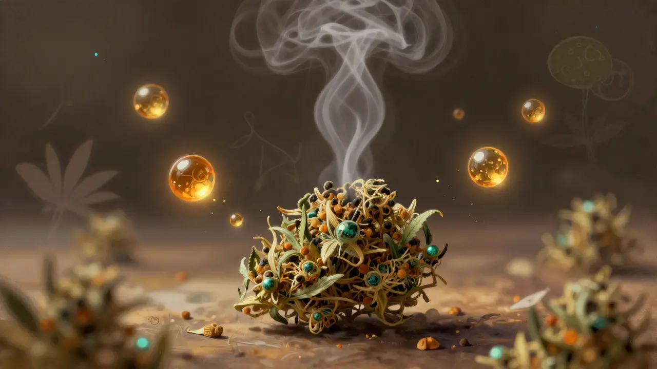 Vaporizér uvolňující jemnou výparu z CBD květu s těkavými terpény ve vzduchu