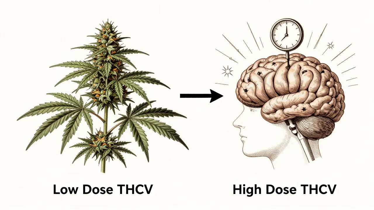 Vintage ilustrace konopí s dvěma větvemi znázorňujícími různé účinky THCV na mozek.