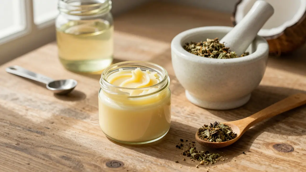 CBD máslo v skleněné nádobě s aktivovanými květy a lžící