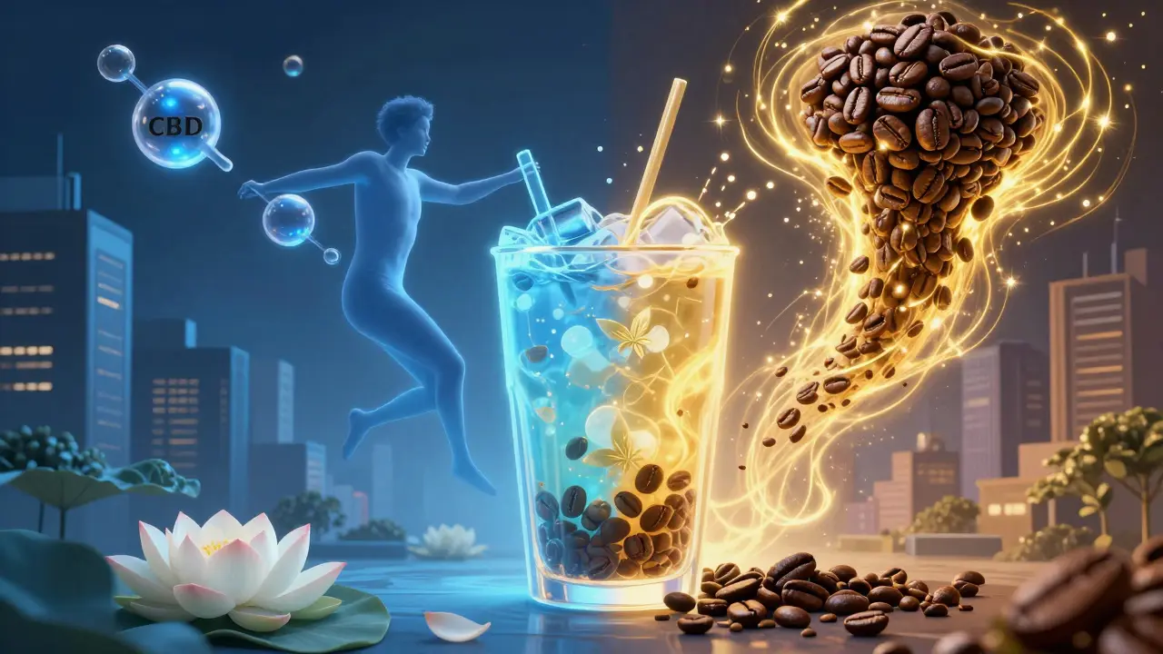 Člověk v surrealním prostředí s dvojí energií: klid a stimulace.