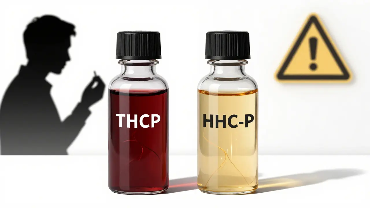 Dvě láhve s THCP a HHC-P vedle sebe, s temným a světlým obsahem, symbolizující jejich různou sílu a účinky.