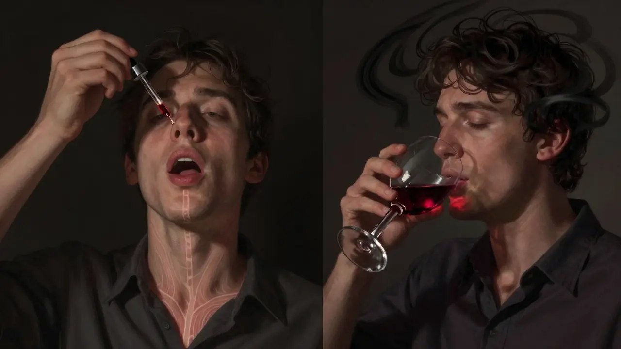 Dvě scény: jedna ukazuje rychlé vstřebávání konopí pod jazykem, druhá kombinaci s alkoholem způsobující zmatek.