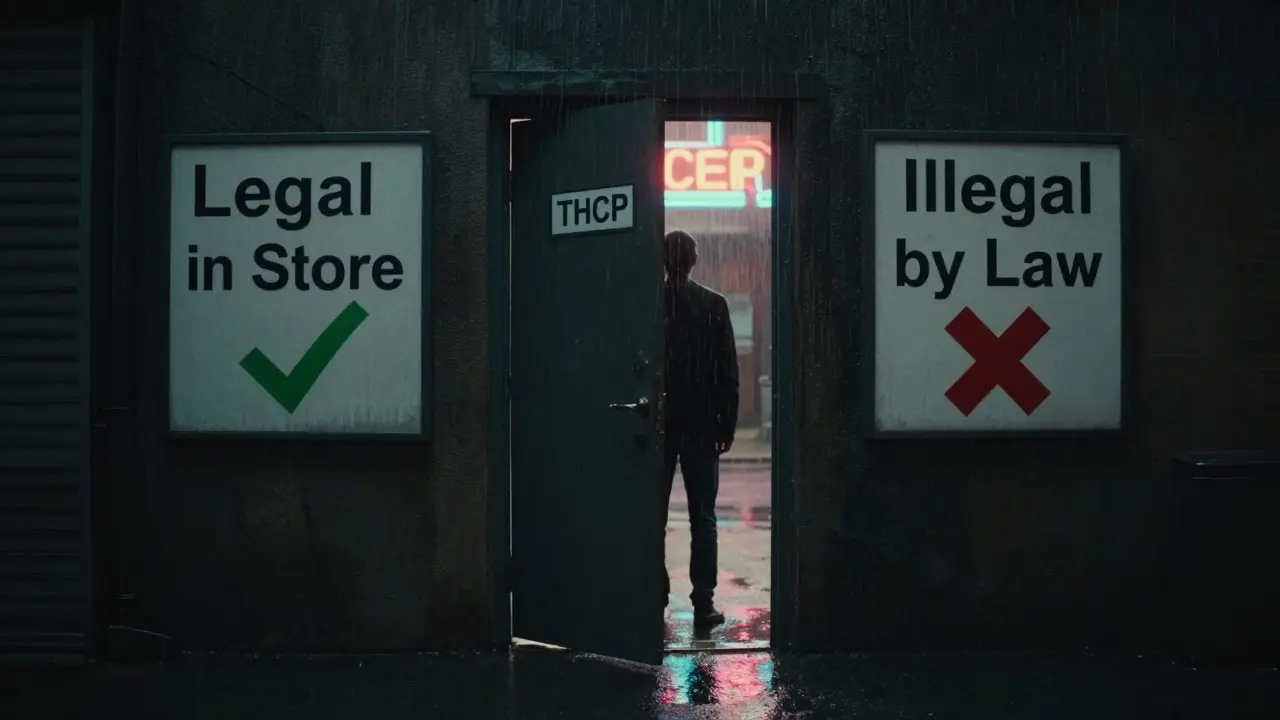 Dveře označené 'THCP' mezi značkami 'Legální v obchodě' a 'Zakázané zákonem', postava se zastavila na prahu, dešťová ulice v noir stylu.