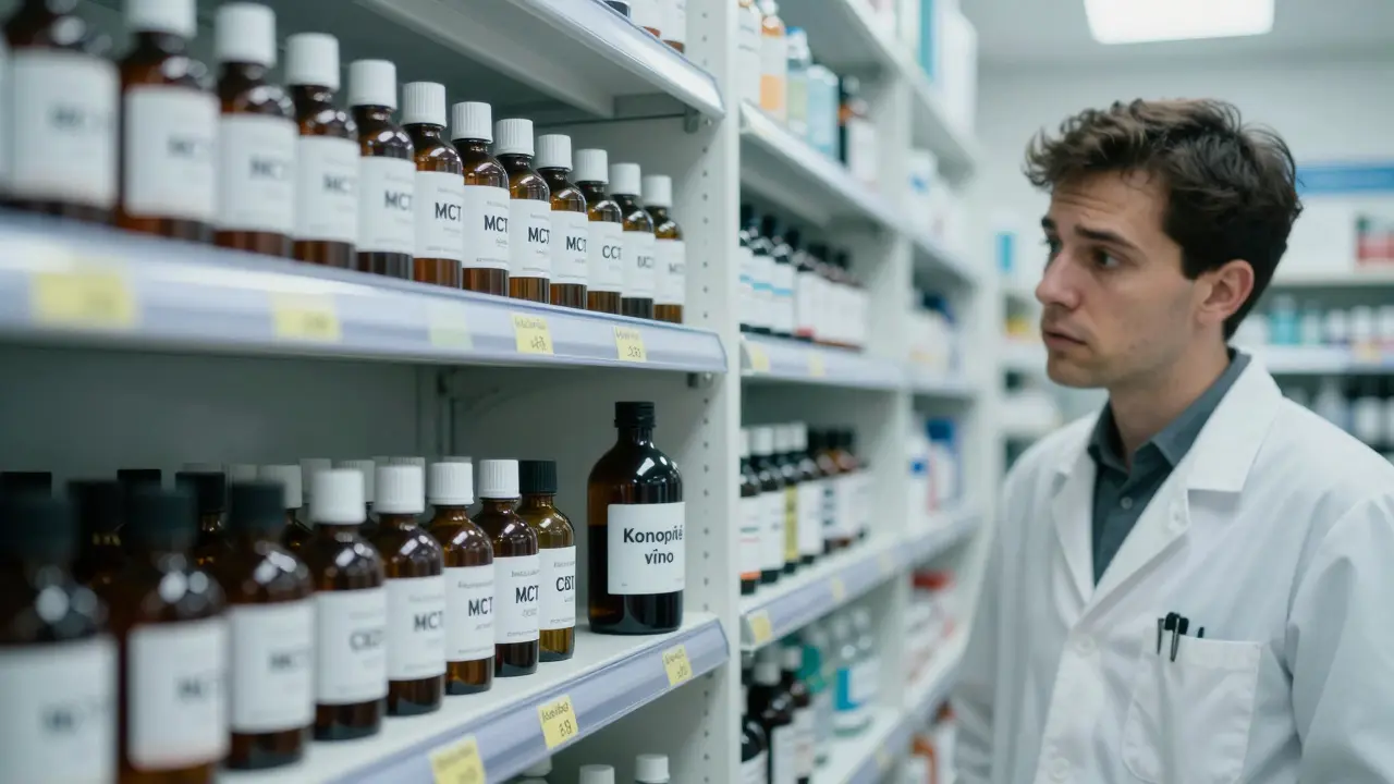 Farmační policí s označenými CBD oleji a skrytou neoznačenou láhví 'konopného vína'.