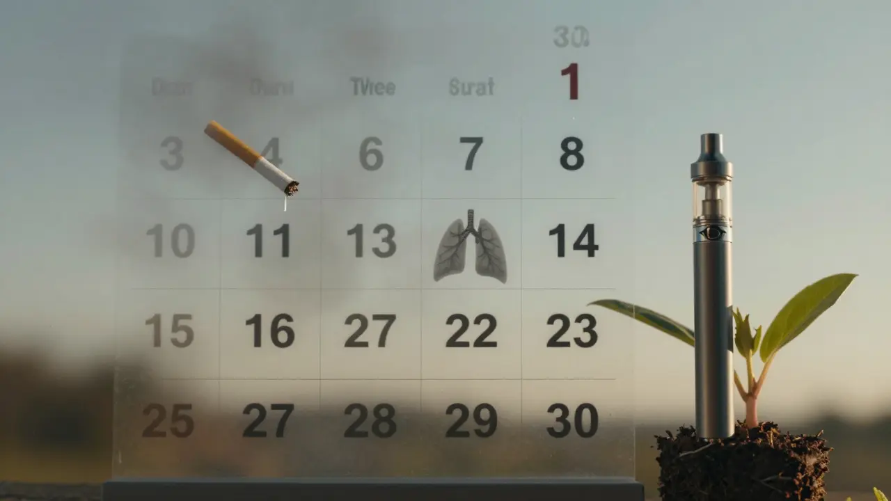 Kalendář s 30 dny ukazující přechod od kouření k CBD vape, pozadí se mění z kouře na čisté nebe.