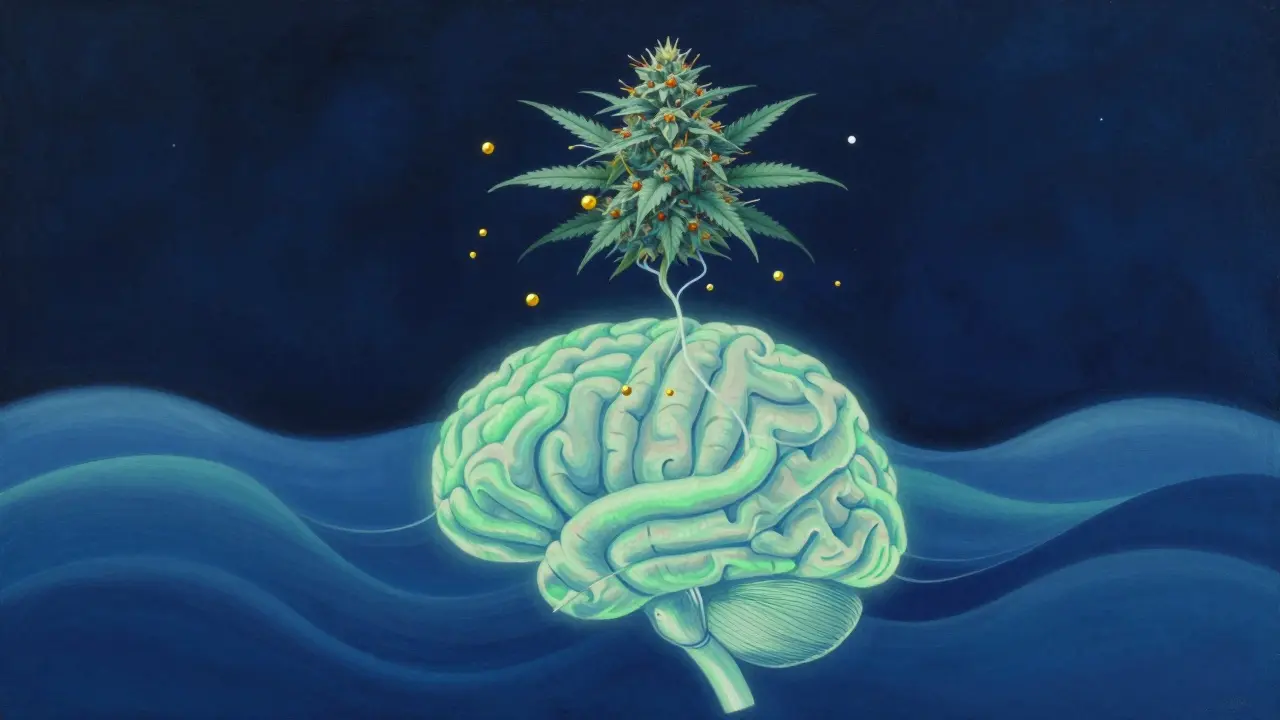 Klíčové terpény z CBD květů vstupují do mozku a vyvolávají klid, symbolizované světelnými vlnami.