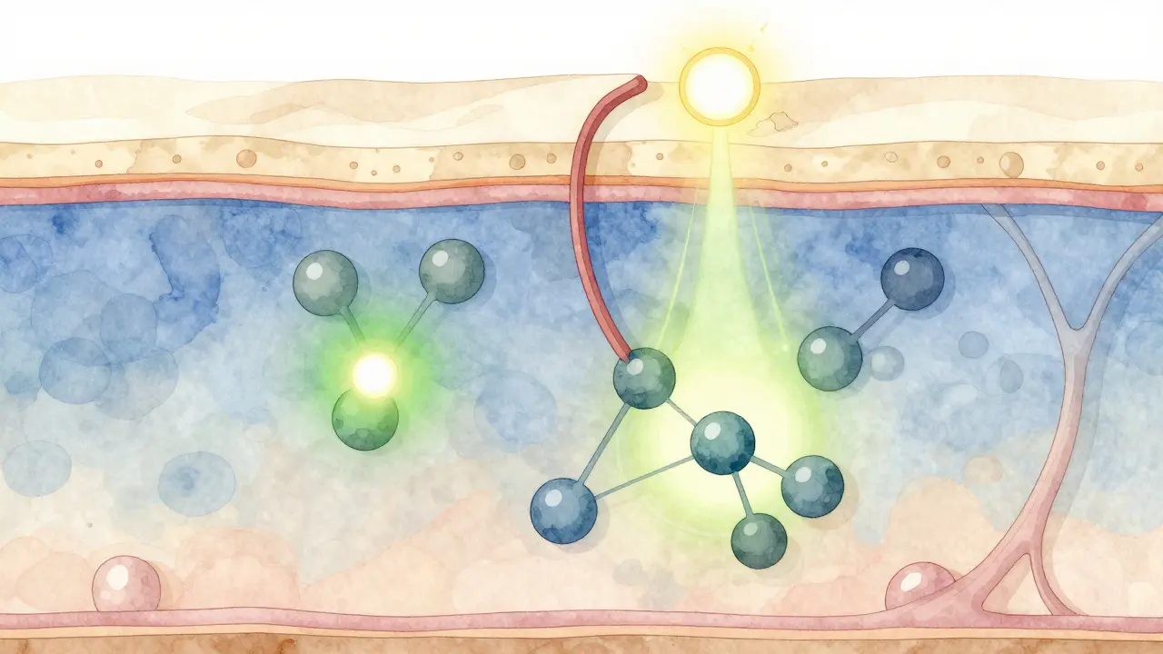 Křížový řez kůže s aktivací endokannabinoidních receptorů CBD molekulami.