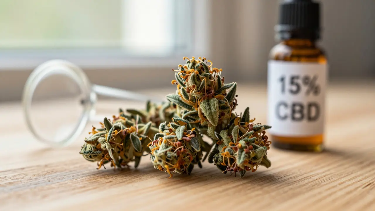 Kvalitní CBD květy s viditelnými zlatými trichomy na dřevěném povrchu s pipetou a výplní.