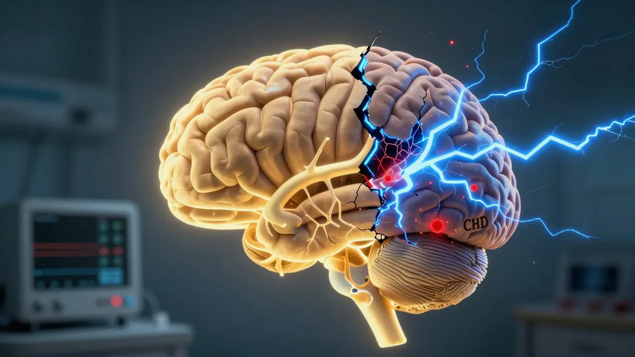  lidský mozek s porovnáním: jedna polovina světlá a rovnoměrná, druhá poškozená nečistotami a elektrickými výboji.