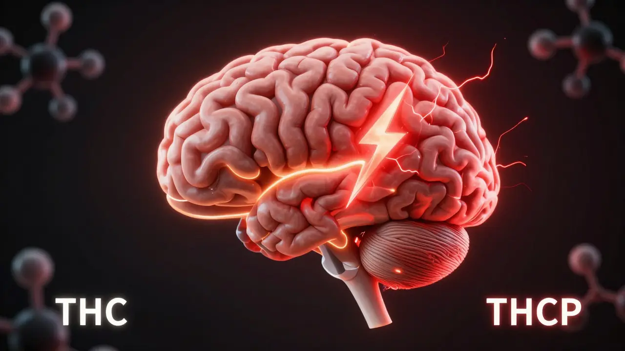 Mozek s dvěma neurologickými cestami: jedna mírně aktivní (THC), druhá prudce vybíhající jiskrami (THCP) v temné atmosféře.