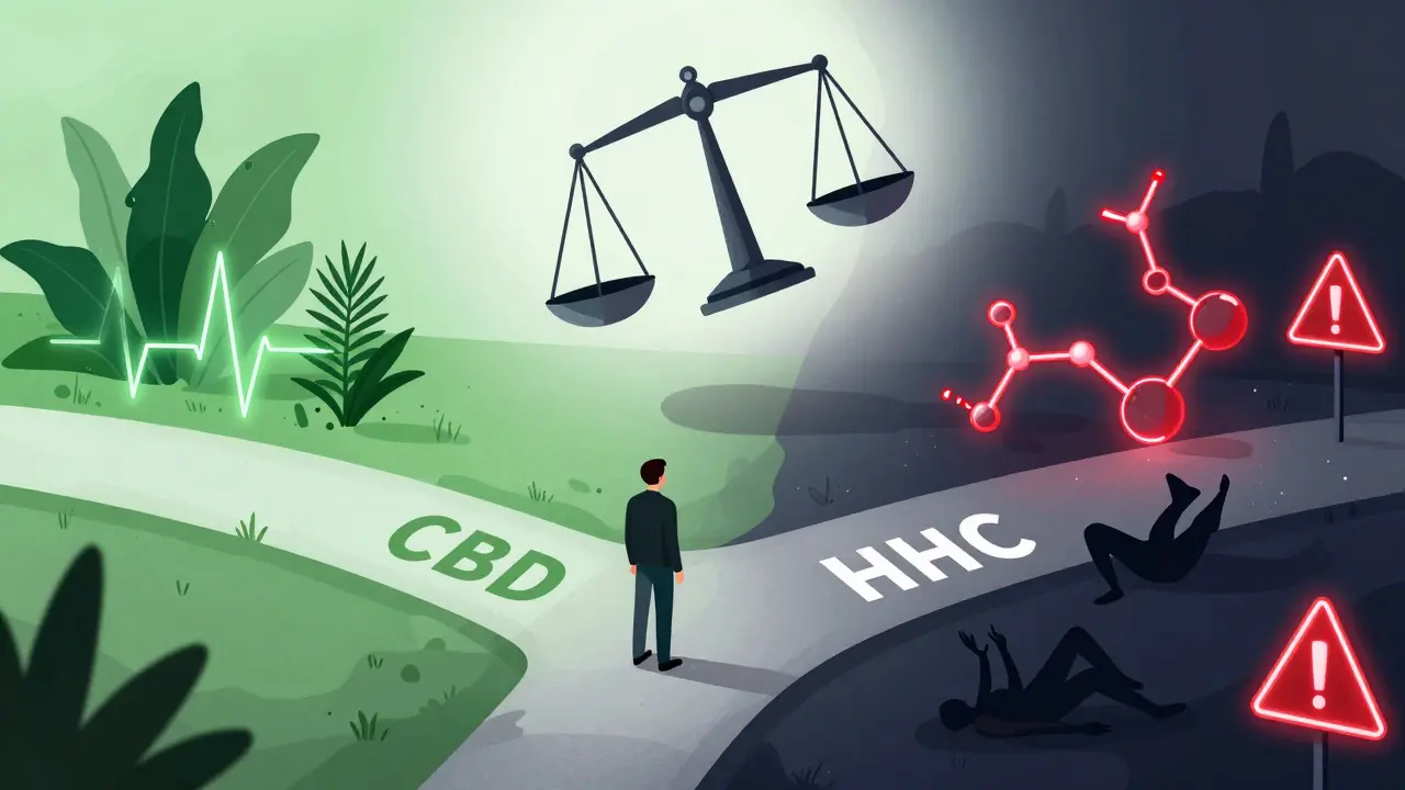 Osoba na křižovatce mezi jasnou cestou CBD a temnou cestou HHC s varovnými značkami a symbolickými prvky.