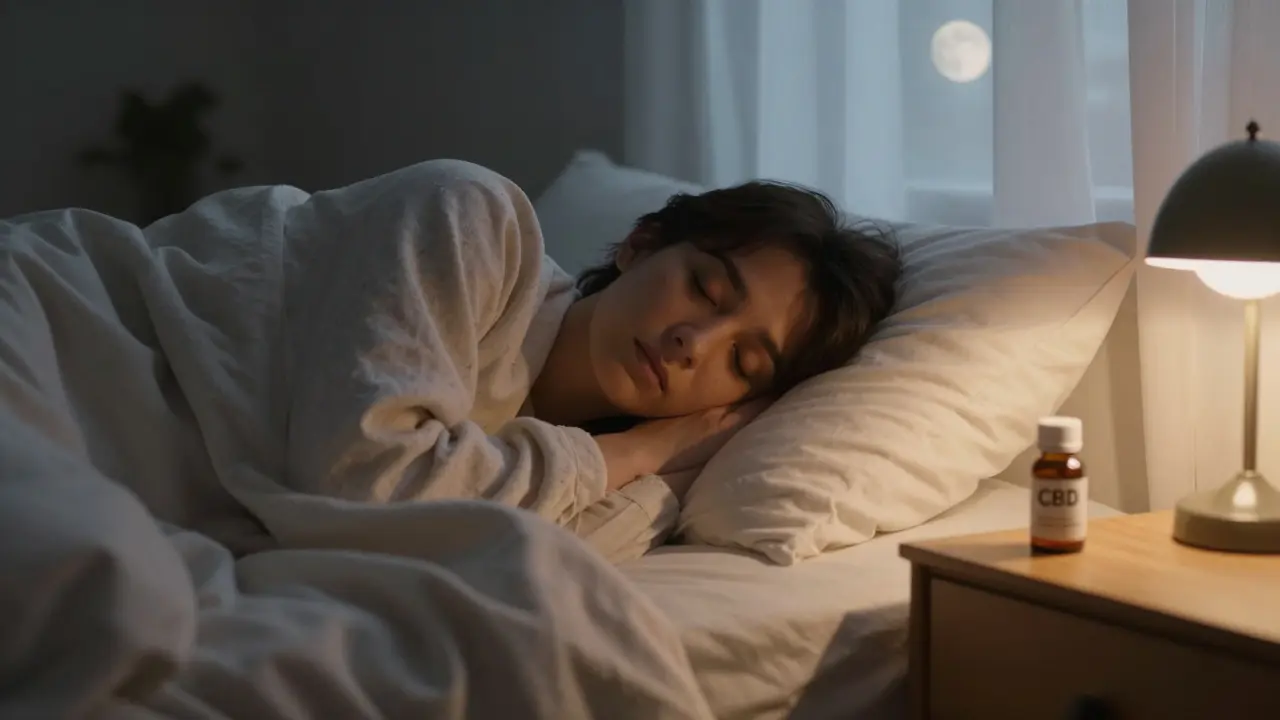 Osoba spí v klidu s CBD kapslí na nočním stolku.
