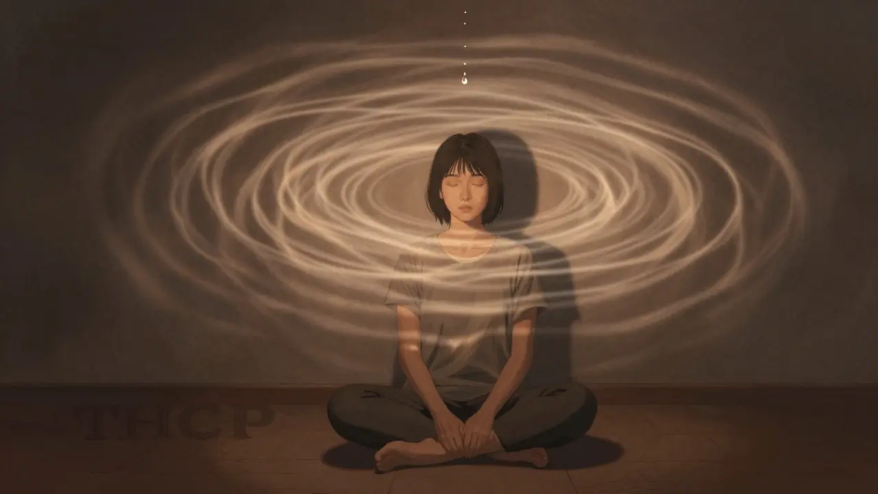 Osoba v klidné místnosti zažívající zvýšenou citlivost na světlo a zvuky, s vířivými světelnými vzory kolem sebe.