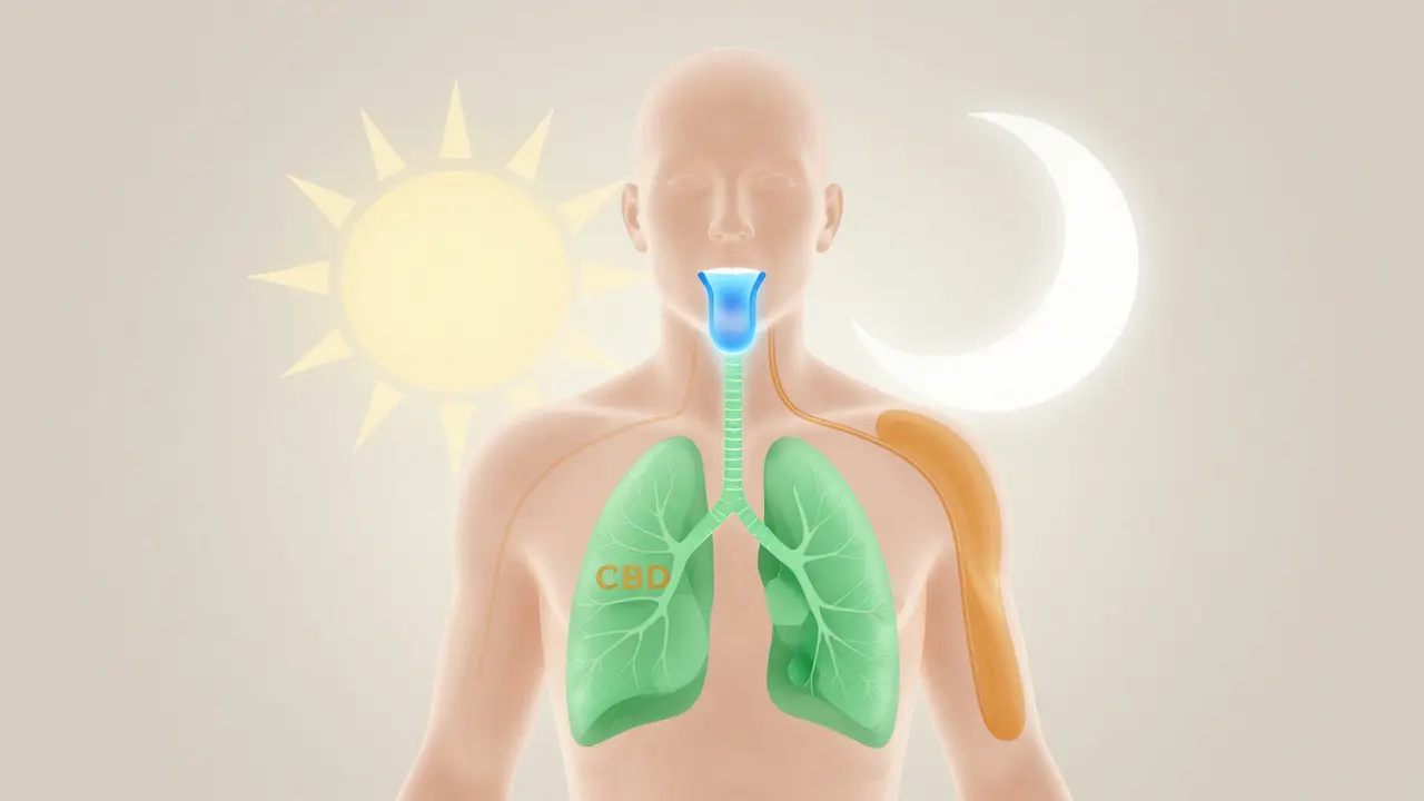 Translucenční zobrazení těla s cestami vstřebávání CBD pod jazykem, plicemi a kůží.