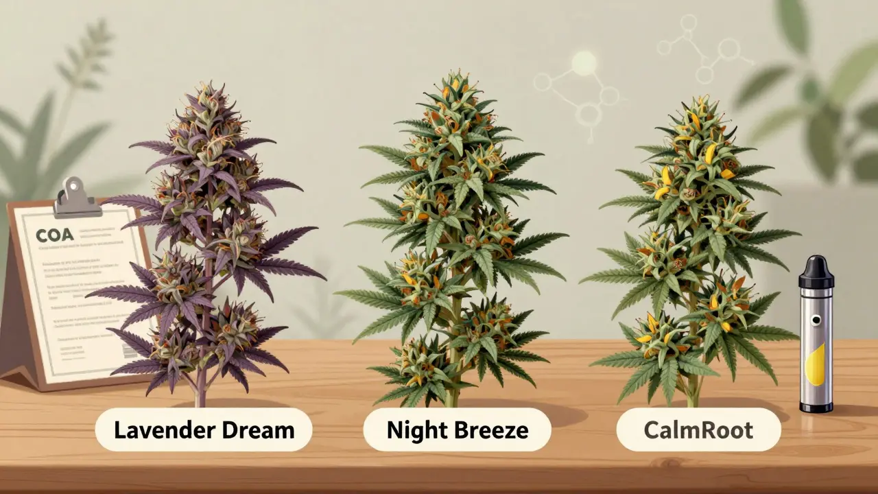 Tři druhy CBD květů s výraznými barvami a trichomy, položené na dřevěné desce s certifikátem analýzy.