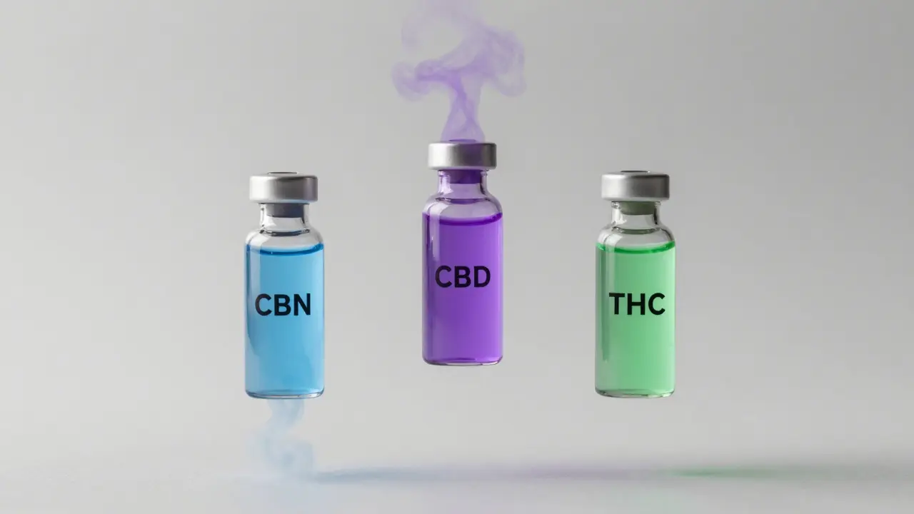 Tři průhledné lahvičky s CBN, CBD a THC ve vzduchu, každá s jinou barvou a účinkem.