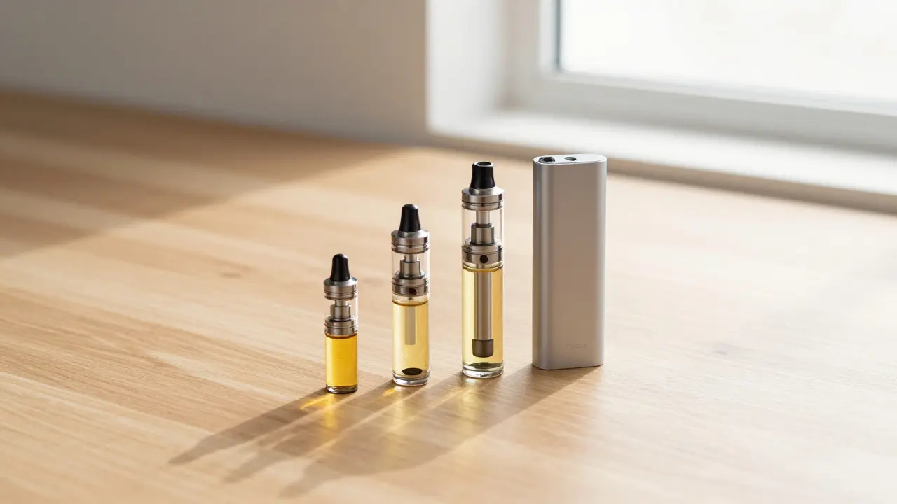 Tři různé velikosti vape kartuší vedle baterie na dřevěném povrchu