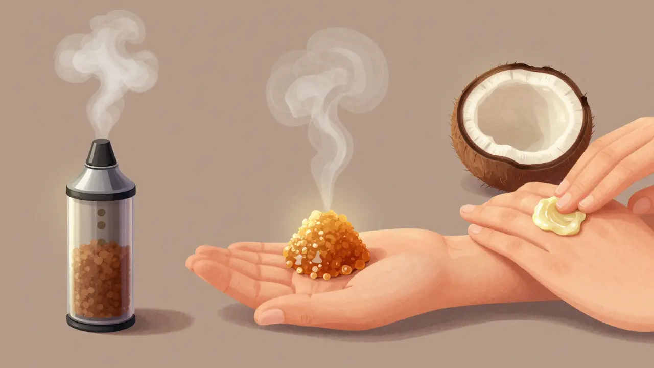 Tři způsoby užívání CBD crumble: vaporační, pod jazyk a topické aplikace.