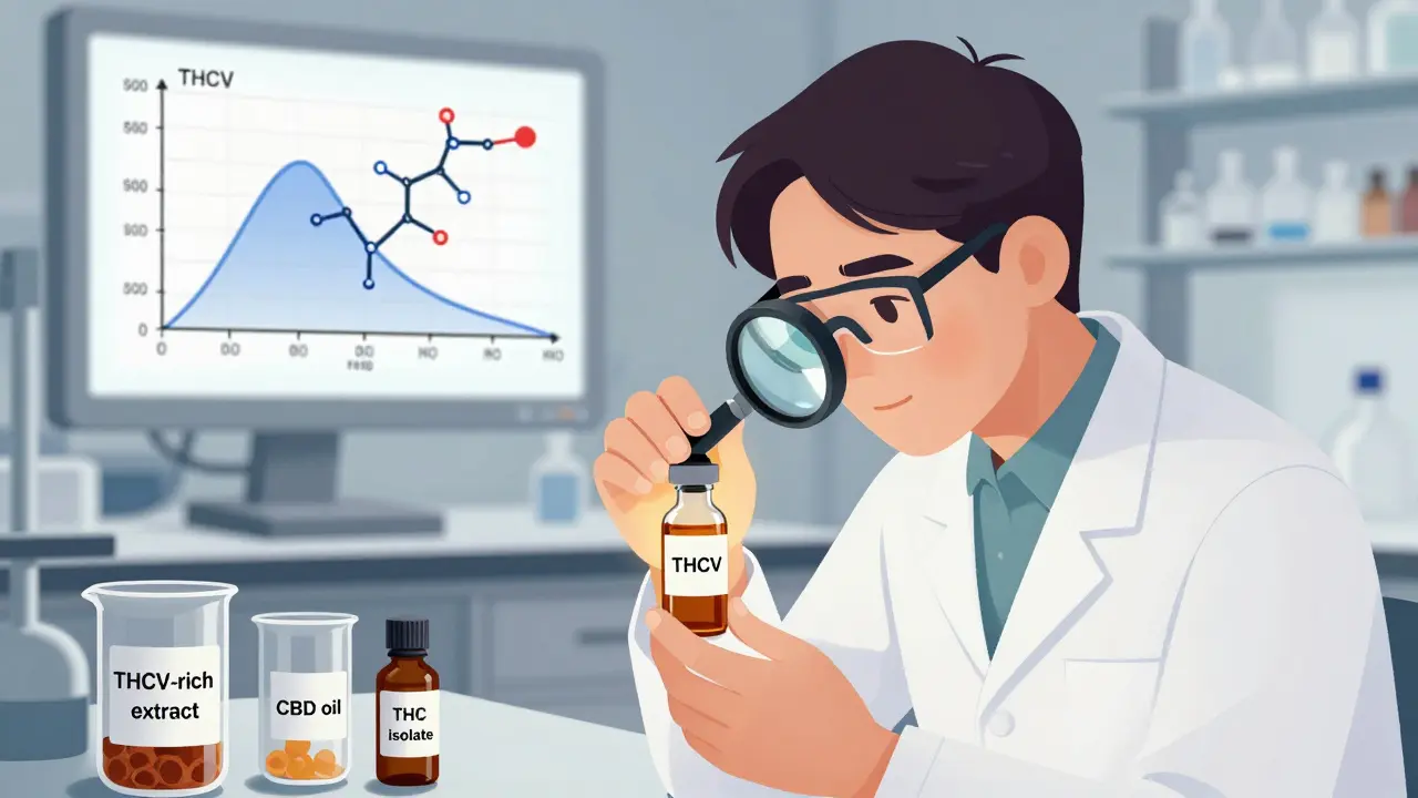 Vědec zkoumá koncentrovaný extrakt THCV v laboratoři.