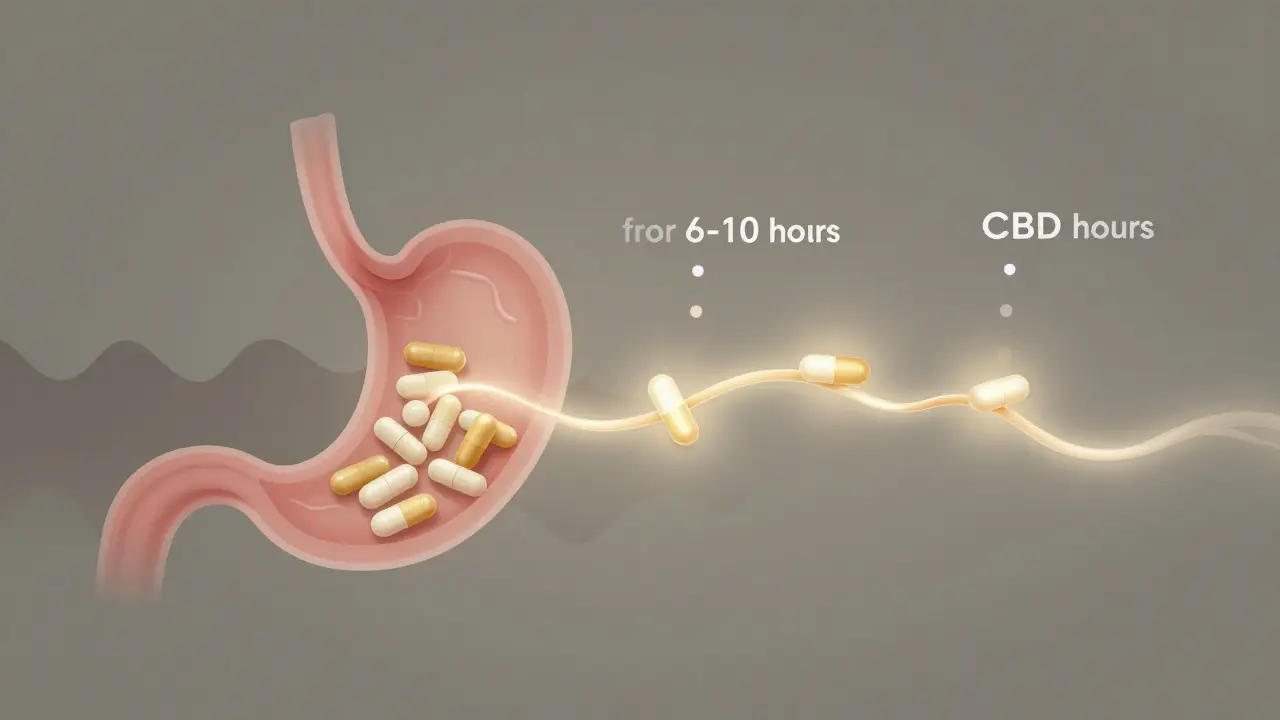 Vizualizace pomalého vstřebávání CBD v těle během 6–10 hodin.