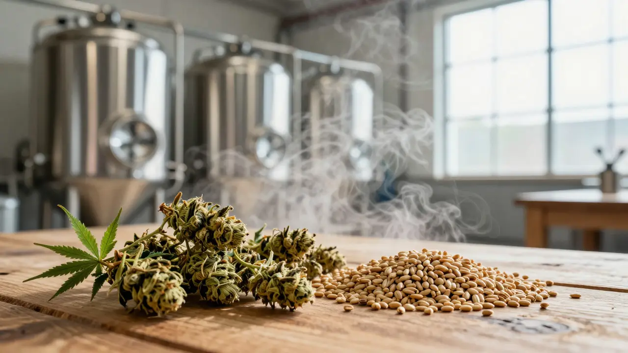Výrobní zařízení pivovaru s konopím a ječmenem