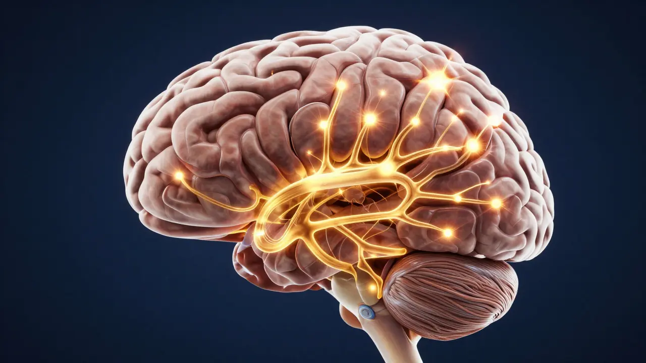 3D model lidského mozku s vyznačenými oblastmi dopaminové aktivity.