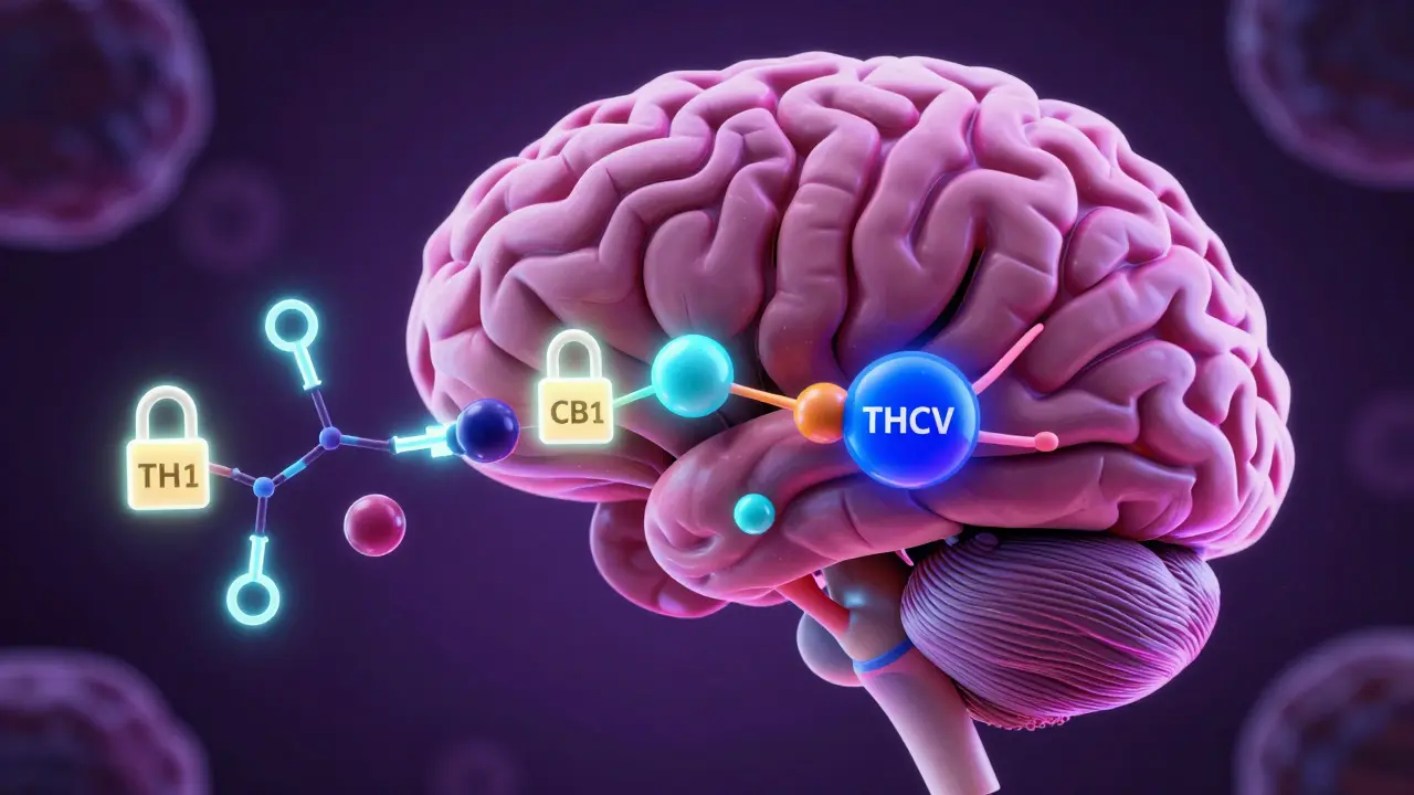3D vizualizace receptorů v mozku znázornující blokování signálu hladu pomocí THCV.