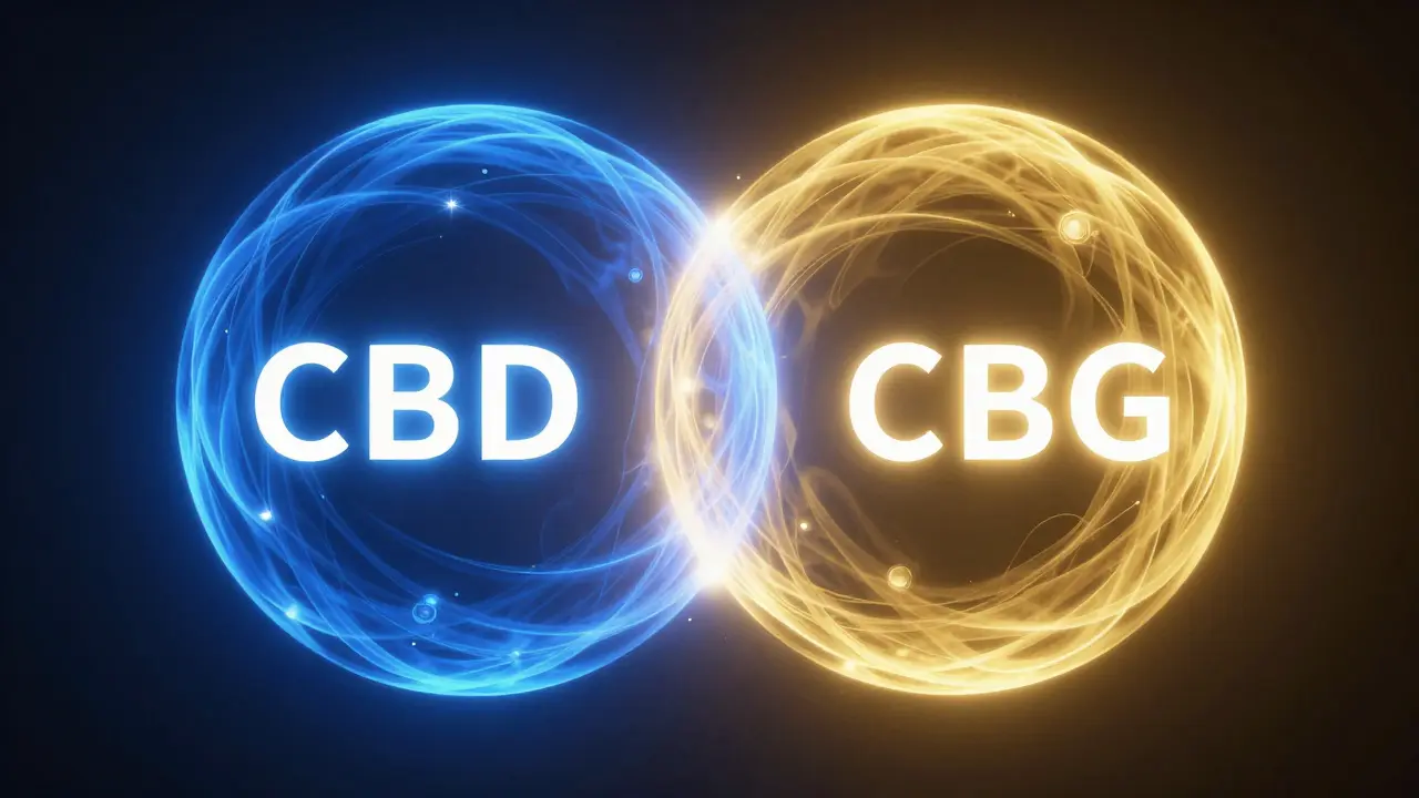 Abstraktní digitální zobrazení synergie CBD a CBG jako dvou splyvajících světelných sfér.