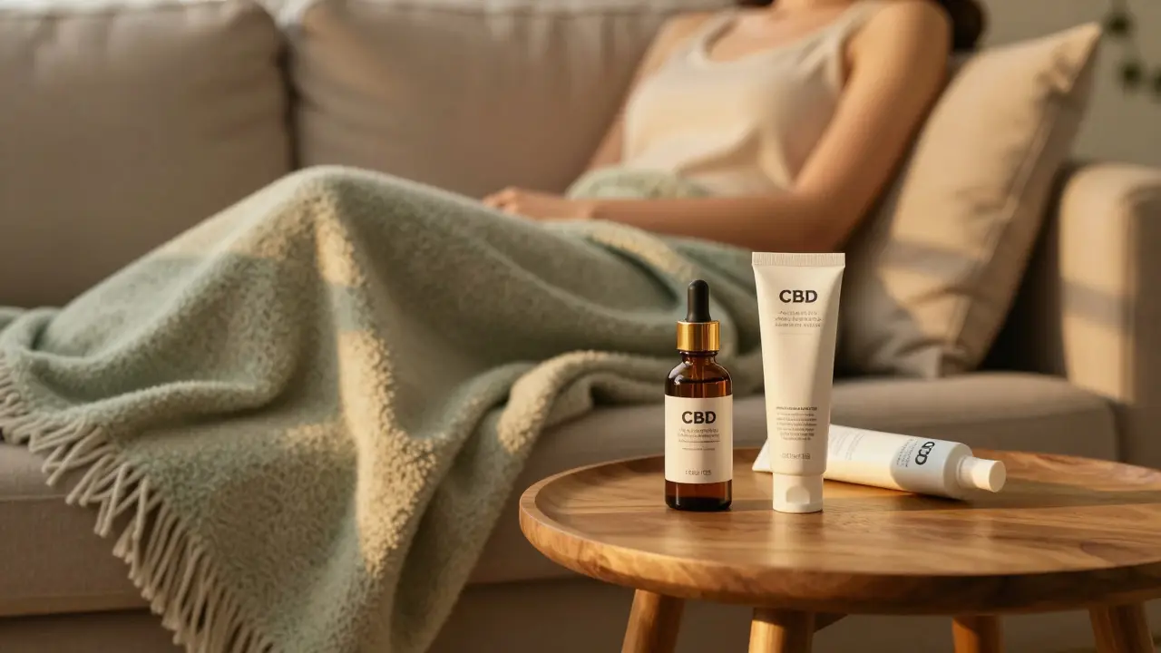 CBD olej a krém na stole vedle relaxující osoby v útulném obývacím pokoji