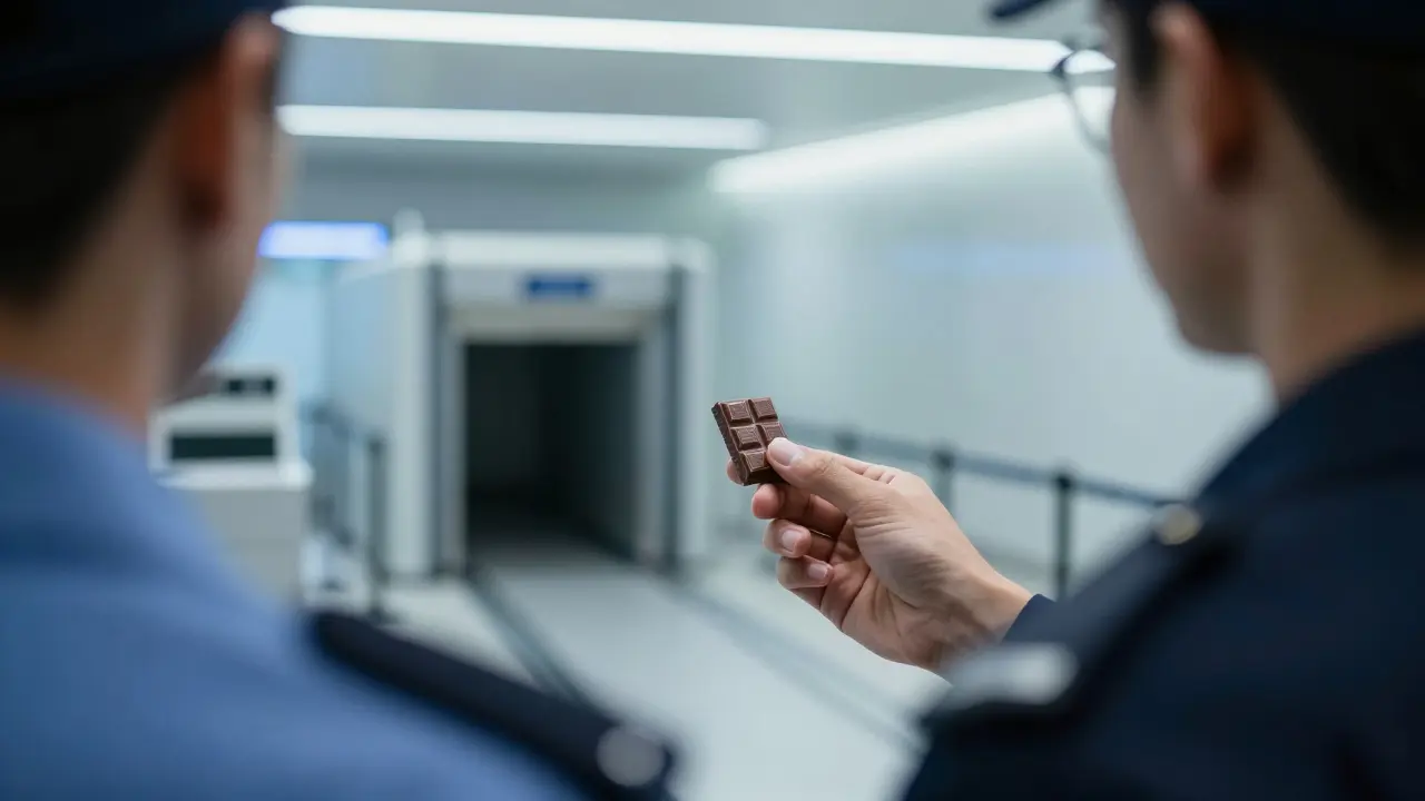 Celník drží kousek čokolády v sterilním prostředí letiště.