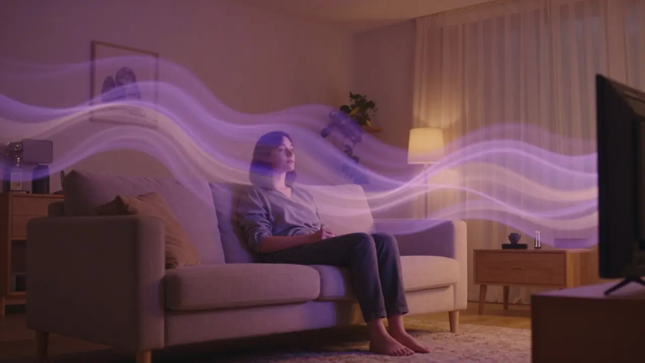 Člověk v obývací místnosti obklopený vlnami světla symbolizujícími relaxaci.