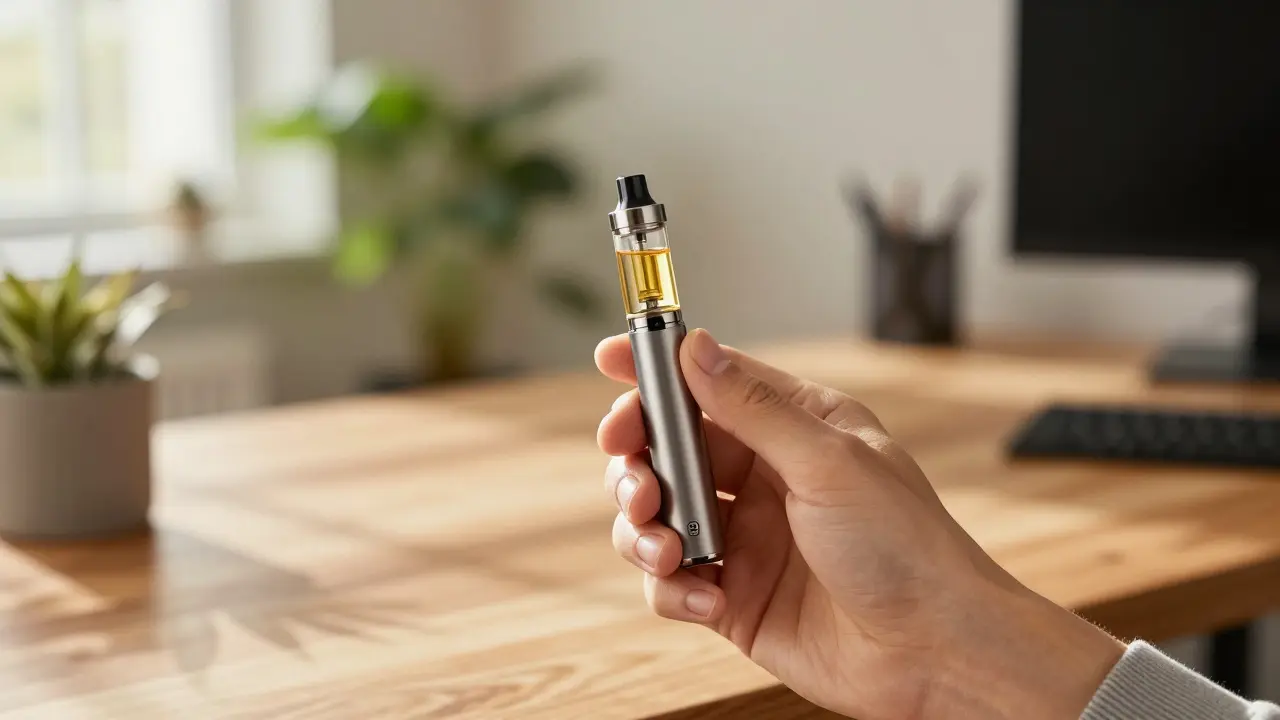 Detail ruky držící vape pen s CBD kartuší v moderním, světlém interiéru.