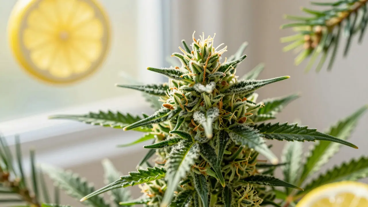 Detailní makro snímek Sativa konopí s citrusovými a borovicovými prvky.