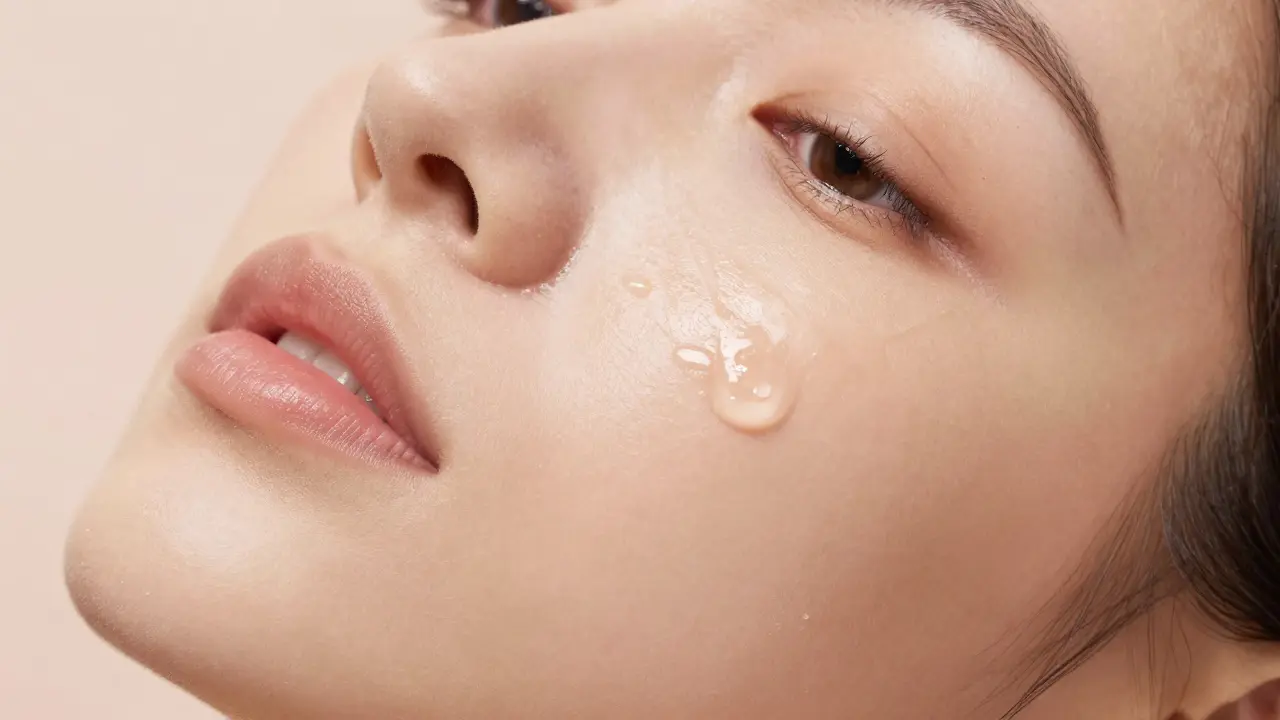 Detailní záběr na pleť kombinující matný efekt CBG a hydrataci CBD.