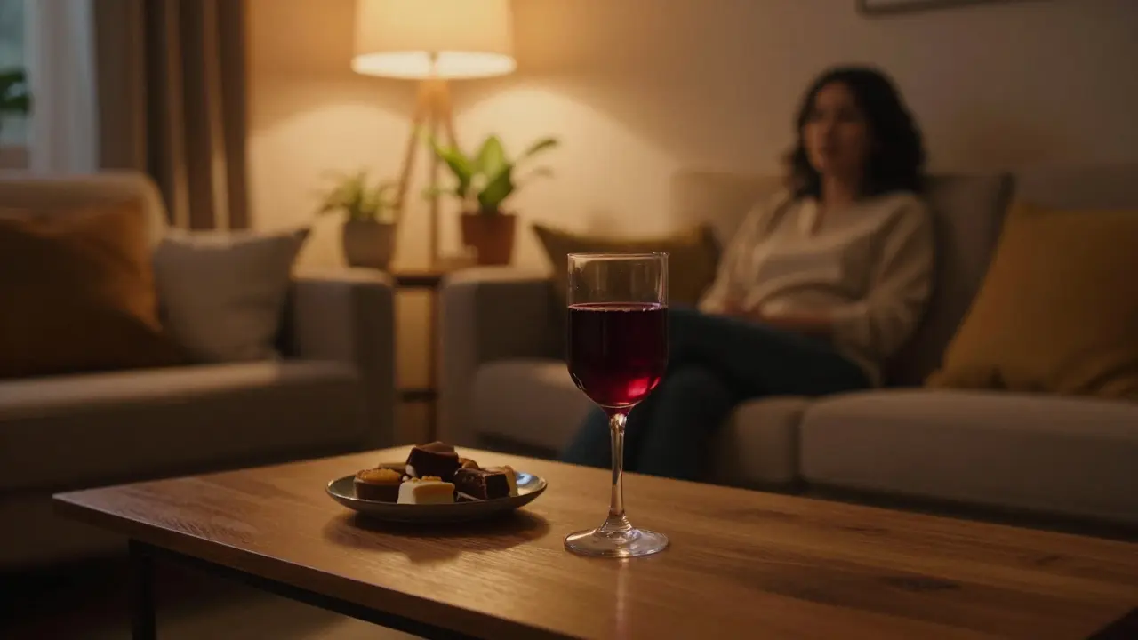 Hladina konopného vína na stole v útulně osvětleném obývacím pokoji.