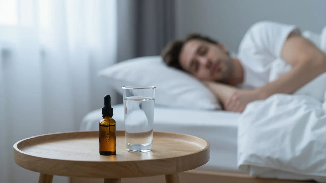 Klidná ložnice s lahvičkou CBN oleje u postele během hlubokého spánku.