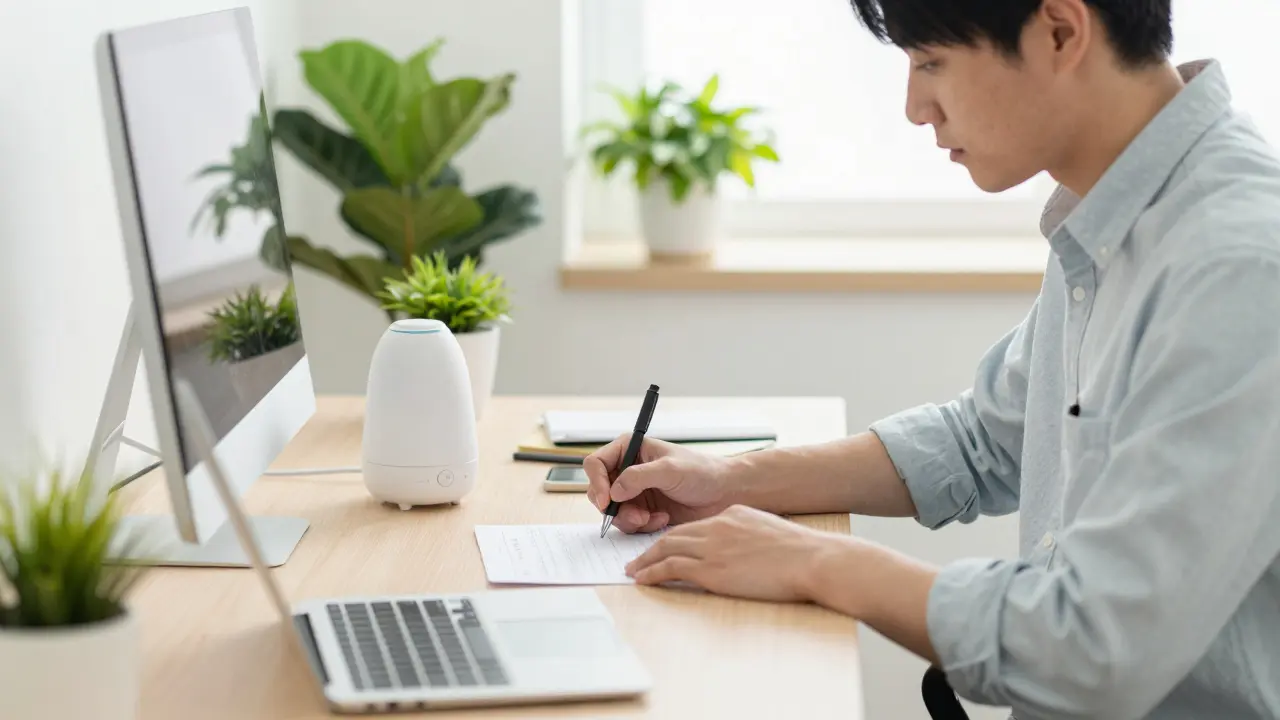 Klidné pracovní prostředí s osobou soustředěnou na psaní reportu.