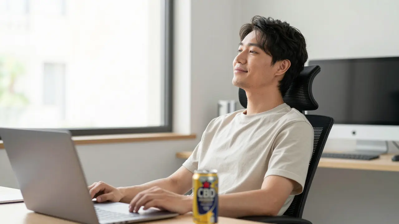 Klidný a soustředěný člověk v moderní kanceláři s CBD drinkem na stole.