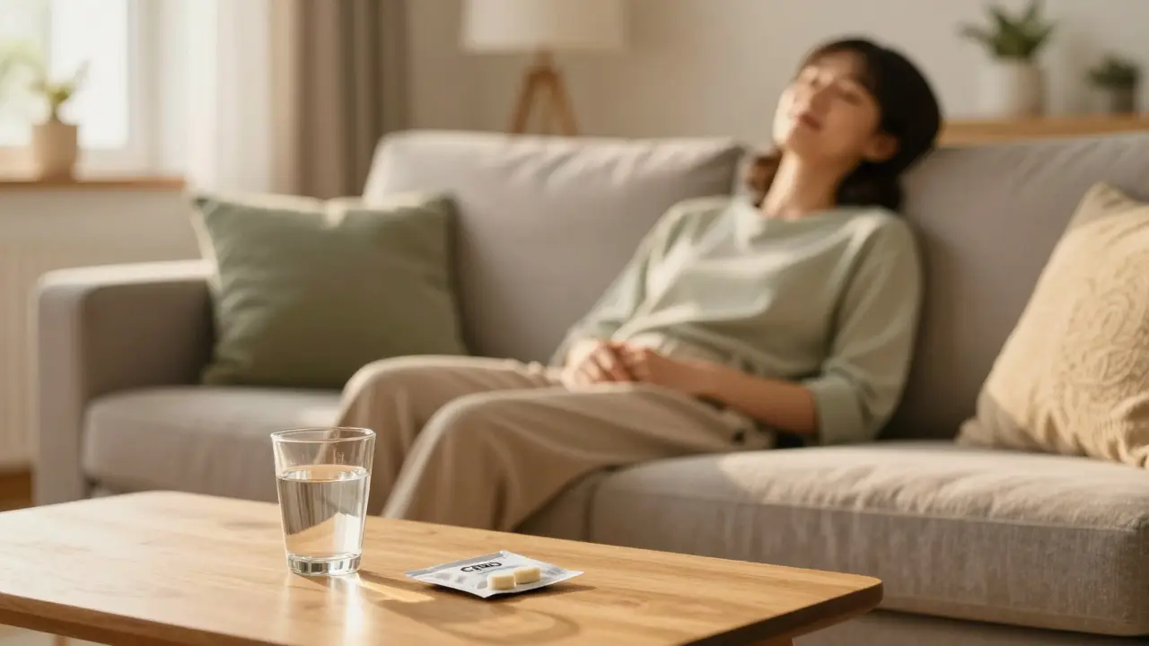 Klidný člověk relaxující na pohlavci po užití CBD žvýkačky.