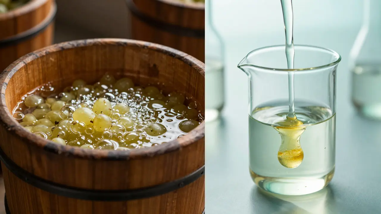 Kolaž znázorňující tradiční kvašení hroznů naproti modernímu míchání konopných emulzí.